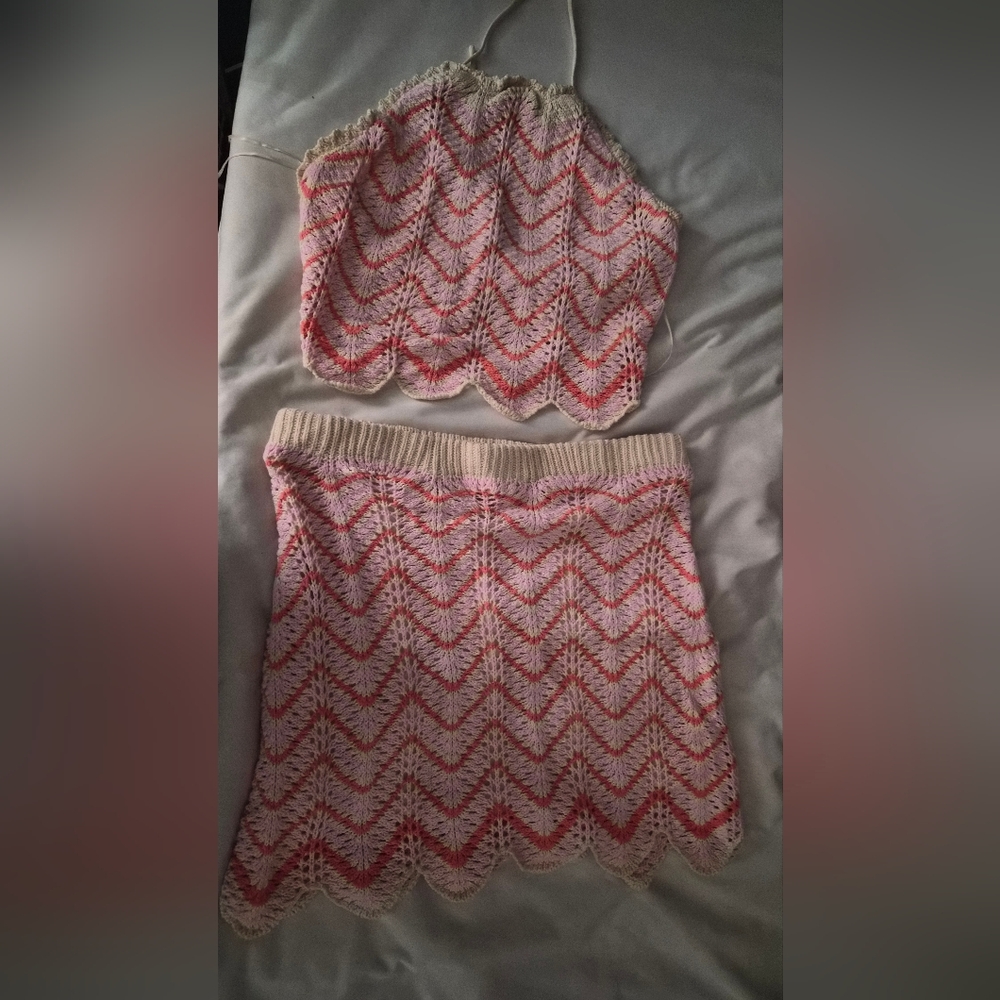 Freshman Pink and Cream Crochet Two-Piece Skirt Set